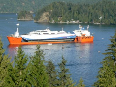 Fast Ferry - The bc government built 3 of these aluminum vessels for the coastal ferry fleet of bc ferries. They turned out to be the wrong vessels for the wrong seas. Sold! The whole project went for a song, and abu dhabi mar bought the 3 ships for uae. So, we shipped them from deep cove with dockwise.